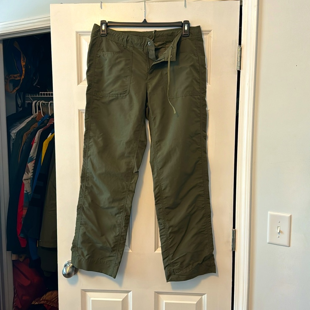 North Face, size 10, women’s hiking pants. Olive green.